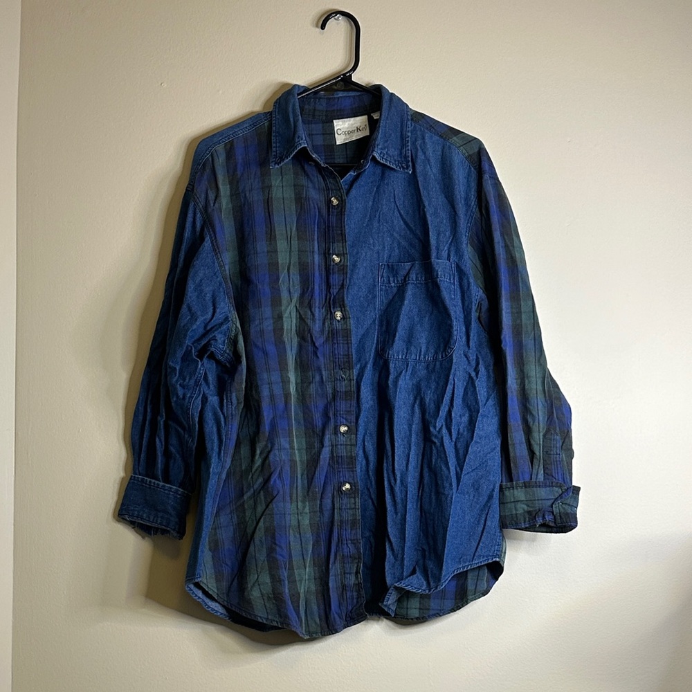 Copper Key Blue and Green Plaid Casual Button Down Shirt